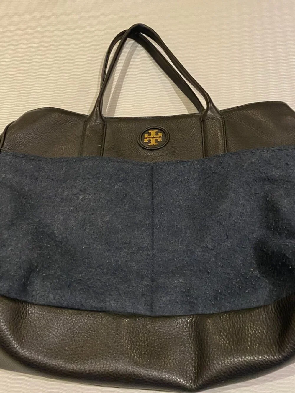 Tory Burch Tote:  Black with Navy Blue Fabric
